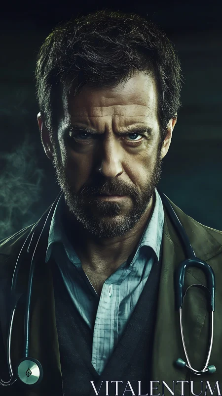 Grim diagnostician stares down the unknown in cold teal light