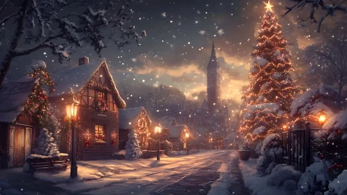 Snowy village street glows under a towering Christmas tree.