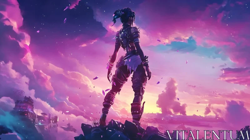 Stargazing warrior greeting a radiant neon dreamscape.