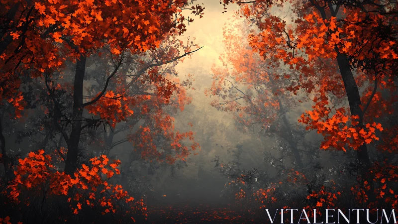 Crimson Forest Path: Autumn Foliage Canopy with Atmospheric Light