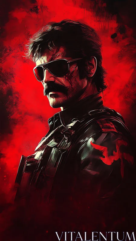 Stylized tactical portrait of man in sunglasses and armor.