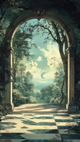 Stone archway framing forest vista with distant crescent moon.