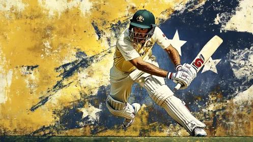 Cricket batsman drives ball across grunge star backdrop.