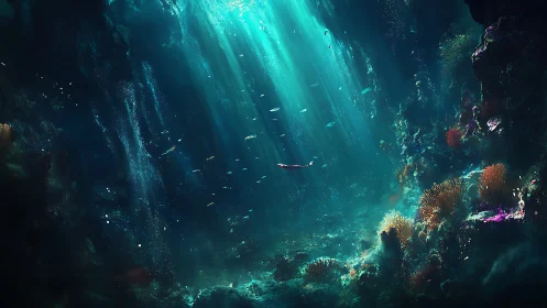 Submerged seascape shows volumetric light over coral reef