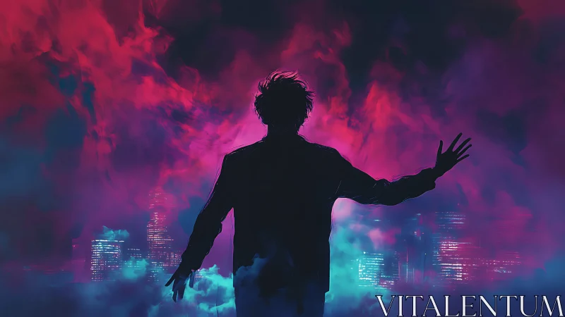 Silhouette before neon city skyline and dense colored fog.