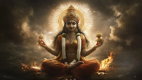 Radiant goddess of fire and calm in swirling golden clouds.