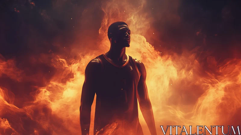 Digital basketball hero in blazing inferno spotlighted.