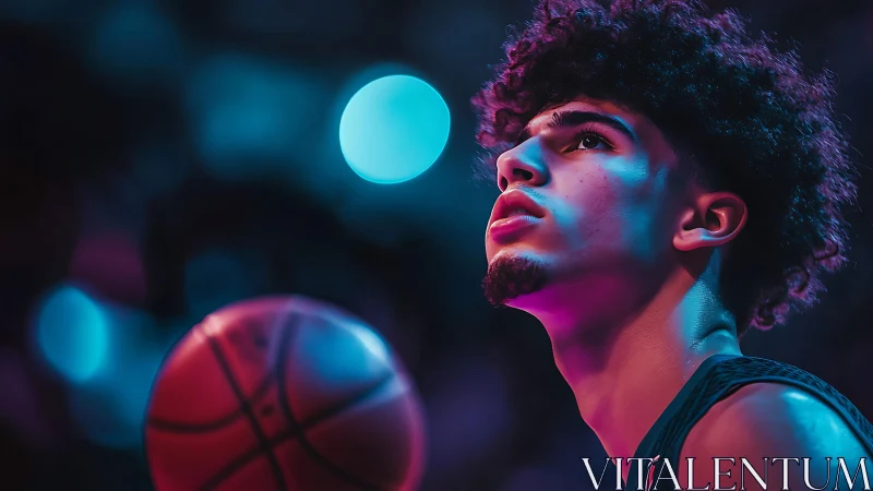 Neon-lit basketball portrait with focused young athlete gaze.