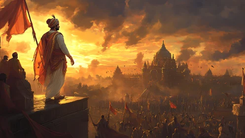 Leader overlooking temple city at dramatic sunset scene.