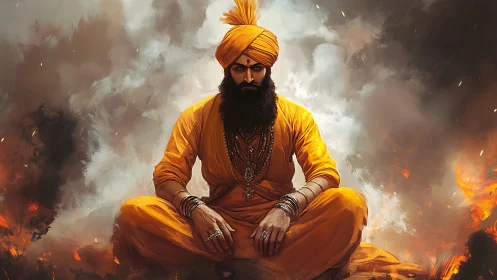 Turbaned figure seated in orange garments amid smoke plumes.