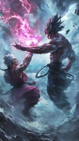 Storm-wreathed duel of arcane warriors in churning water.