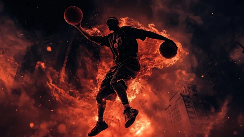 Flaming streetball legend leaping through a storm of fire.