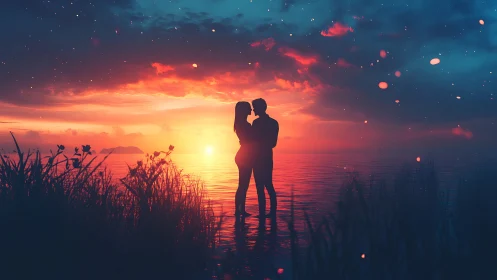 Silhouetted Couple at Sunset Over Water. Romantic Digital Composition.