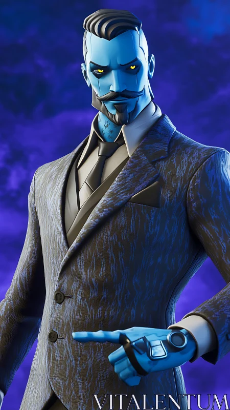 Blue-skinned suited character with robotic hand points forward