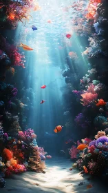 Sunlit coral canyon holds vibrant reef fish in clear water