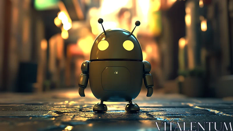Small yellow-eyed robot standing in blurred city street.