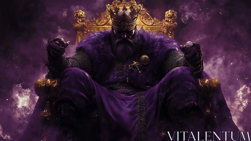 Dark king in purple regalia broods on a blazing golden throne