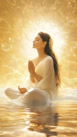 Golden meditative goddess radiates serene divine light.