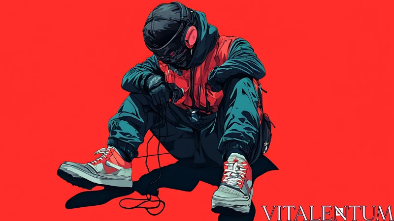 Seated hooded figure wearing headphones holds cable on red field