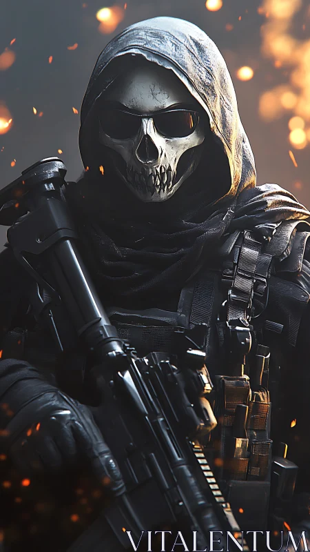 Hooded skull masked soldier holding rifle in burning scene.