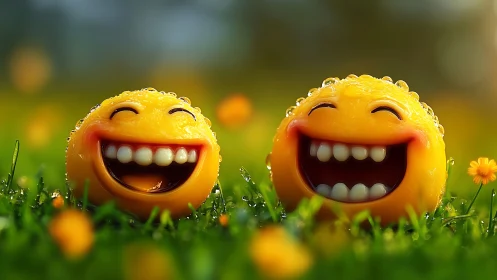 Joyful smiley friends sharing sunshine in a dewy meadow.