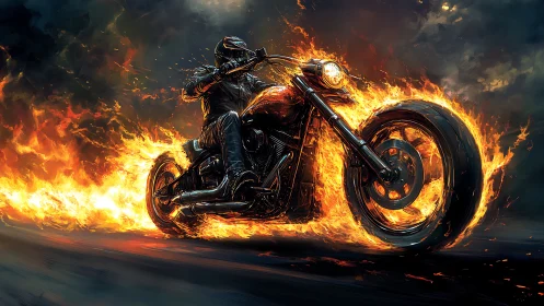 Flaming cruiser motorcycle with armored rider in dynamic motion