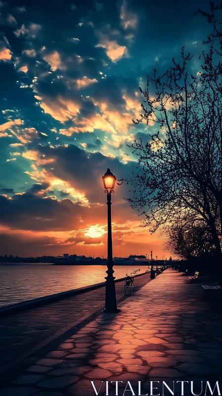 Riverside twilight walk beneath glowing clouds and lamplight.