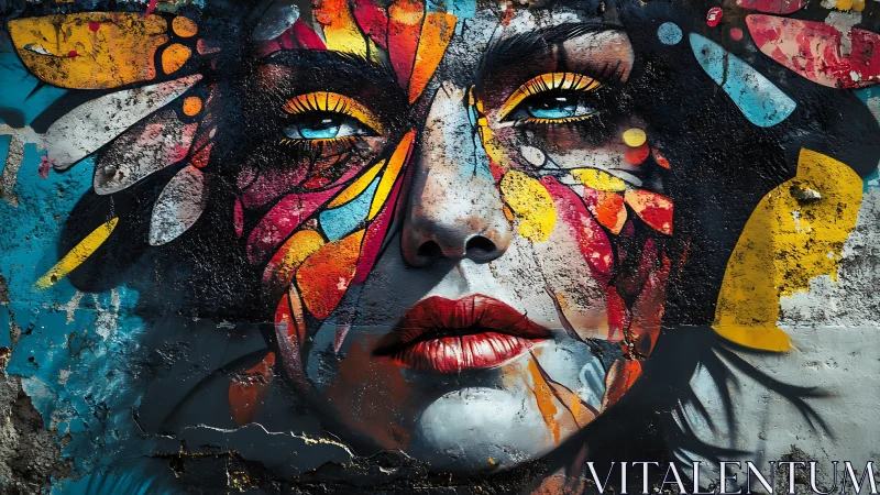 Paint-splintered goddess stares through cracked concrete wings