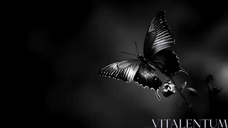 Luminous butterfly pauses in dramatic monochrome light.