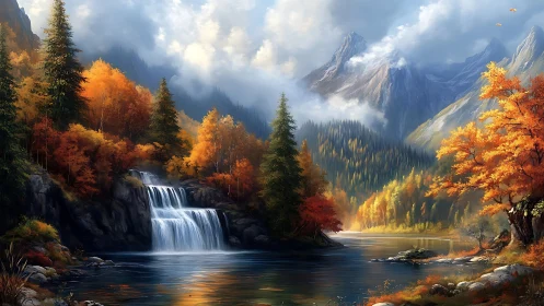 Tranquil autumn waterfall nestled in glowing mountain valley.