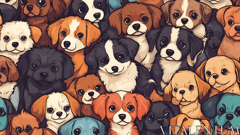 Playful puppy crowd in colorful seamless cartoon pattern.