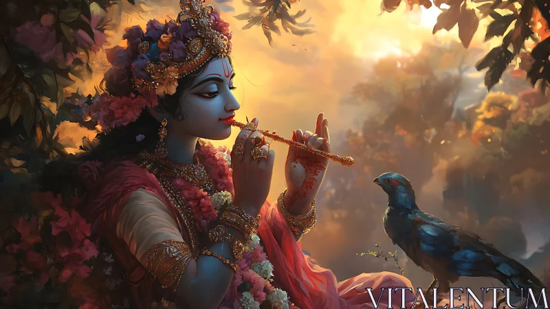 Divine flutist in floral regalia with bird at luminous dusk