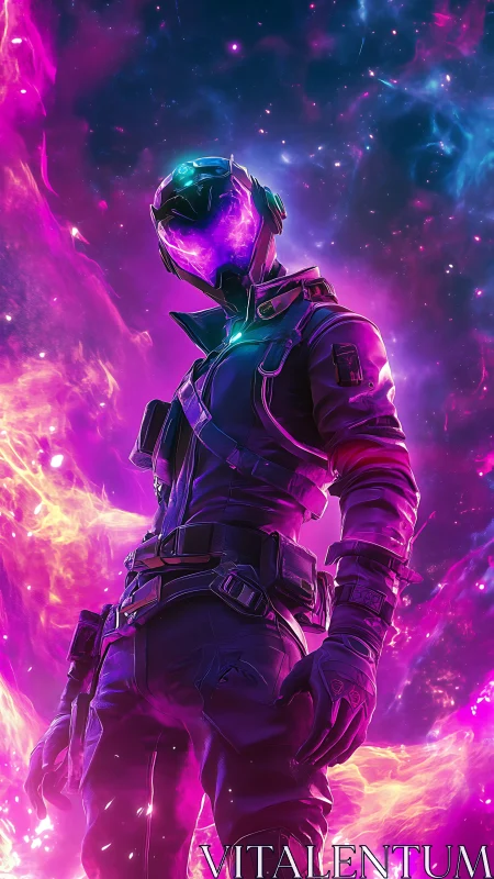 Nebula-helmed space ranger strides through violet starlight.