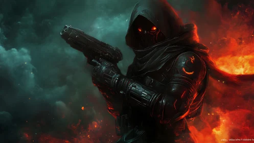 Armored hooded gunman emerges from infernal cybernetic storm