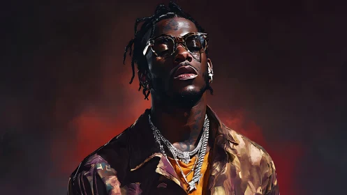 Stylized portrait of man in sunglasses with chains against dark