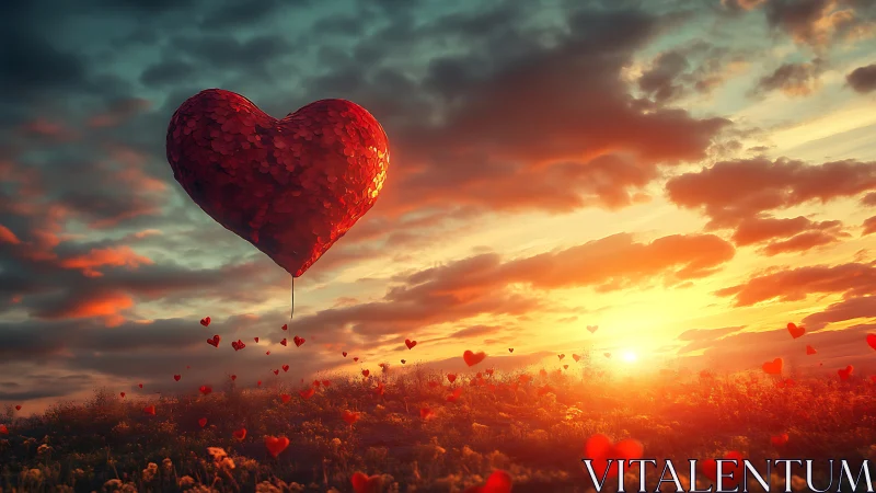 Crimson Heart Ascends Over Sunset Clouds.