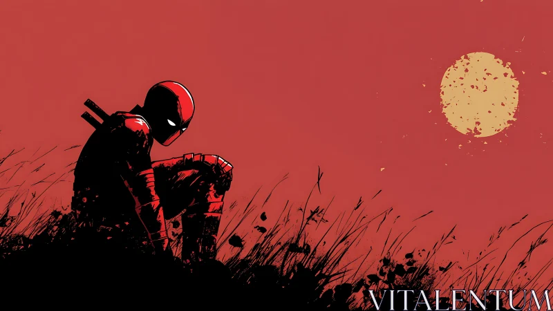 Solitary masked warrior at dusk in minimalist red field.
