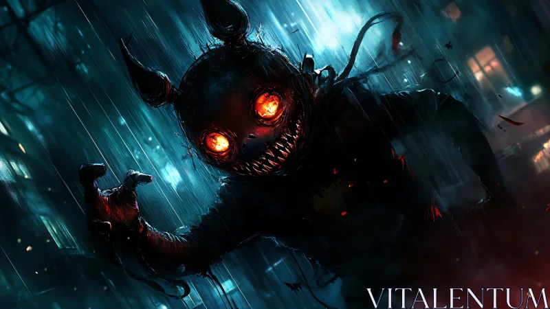 Nightmare trickster stalks neon rain with burning eyes.