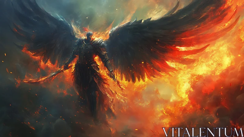 Winged firelord emerging through apocalypse flames.