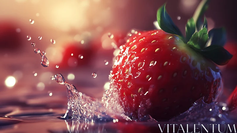 Strawberry impacts shallow water, sending sharp droplets outward