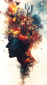 Double exposure human profile with urban forest combustion overlay