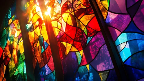 Sunlit abstract stained glass window with vivid color shards.