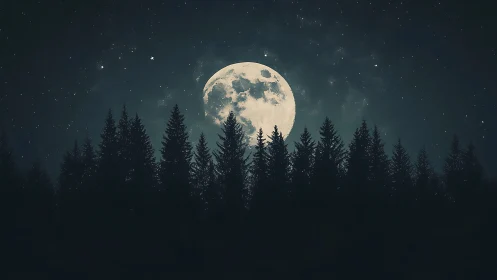 Full moon crowns a dark evergreen forest at midnight.