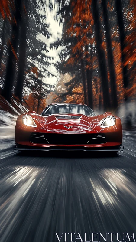 Crimson supercar slashes through an autumn tunnel of speed