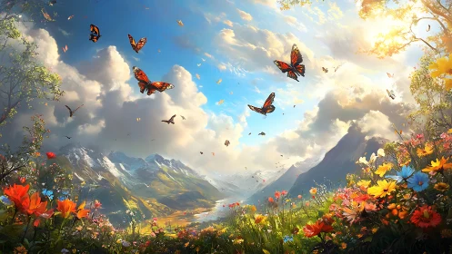 Butterflies over bright alpine valley with wildflower meadows.
