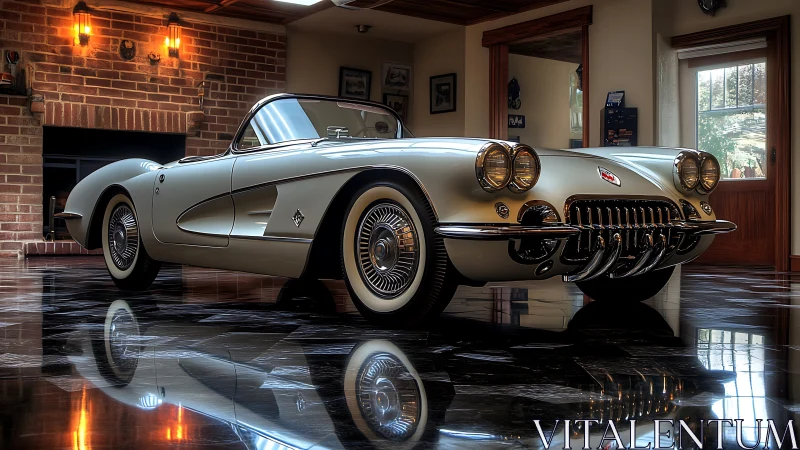 Classic white roadster gleams on polished marble floor.