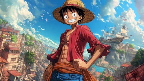 Straw-hatted manga navigator over sunlit coastal citadel.