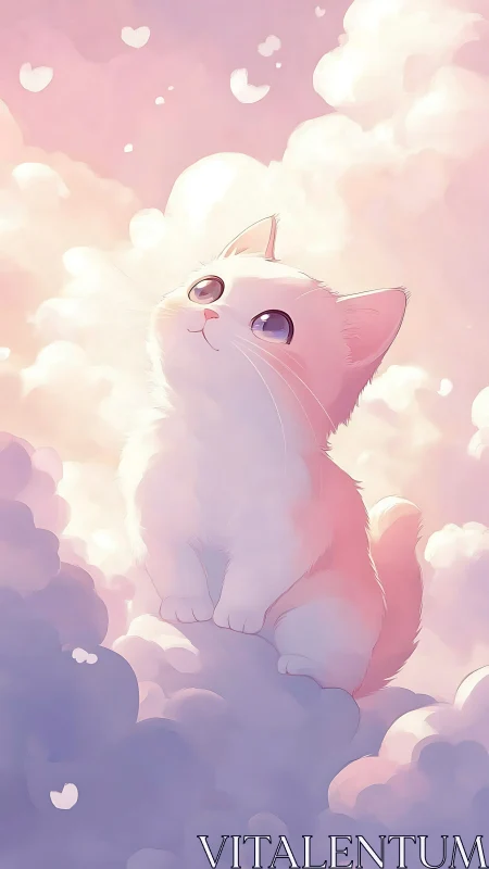 Dreamy Pink Kitten Sitting Among Fluffy Clouds