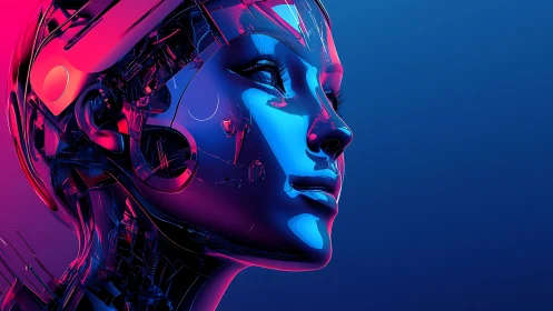 Profile of illuminated humanoid robot head in neon colors.
