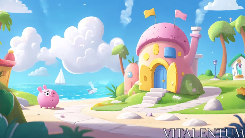 Whimsical Seaside Village with Colorful Mushroom Castle.